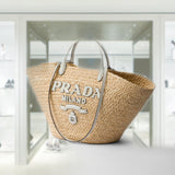 Large raffia and leather shopping bag