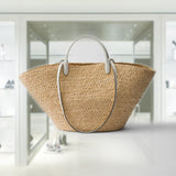 Large raffia and leather shopping bag