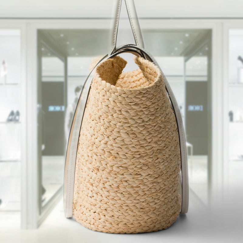 Large raffia and leather shopping bag