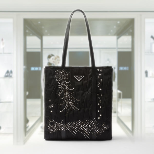 Medium Re-Nylon patchwork tote bag with embroidery