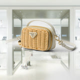 Wicker and leather mini-pouch