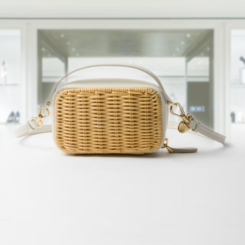 Wicker and leather mini-pouch