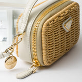 Wicker and leather mini-pouch