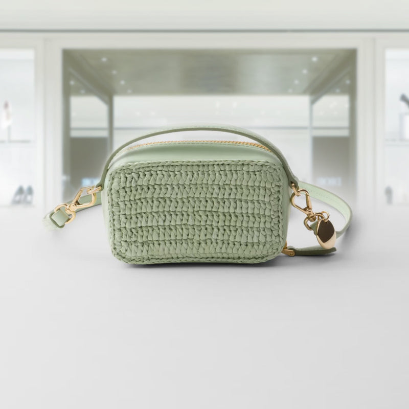 Wicker and leather mini-pouch