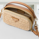 Wicker and leather mini-pouch