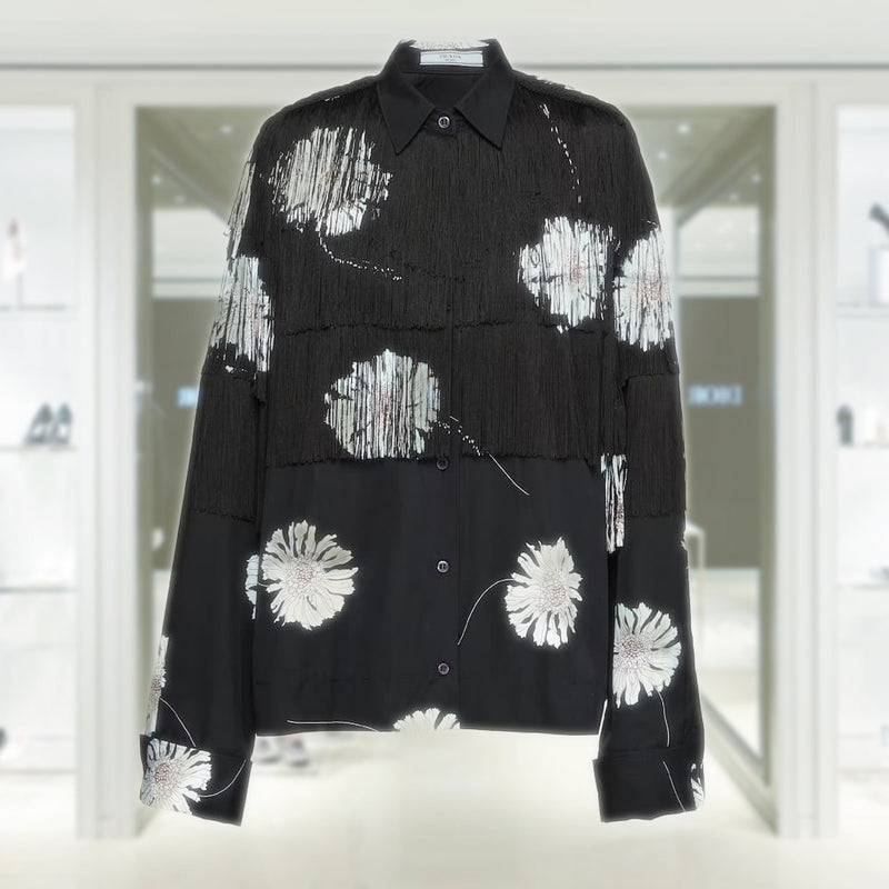 Printed poplin shirt with fringe