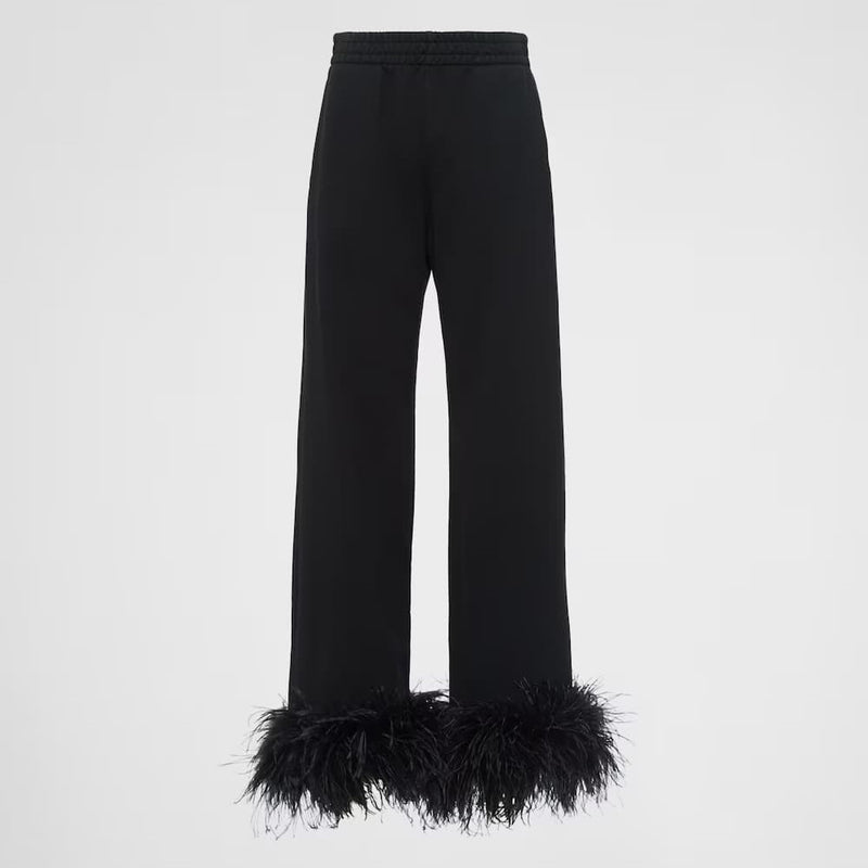 Cotton fleece joggers with feather trim