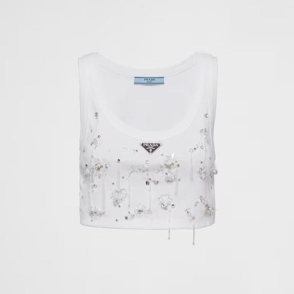 Embroidered ribbed knit jersey top