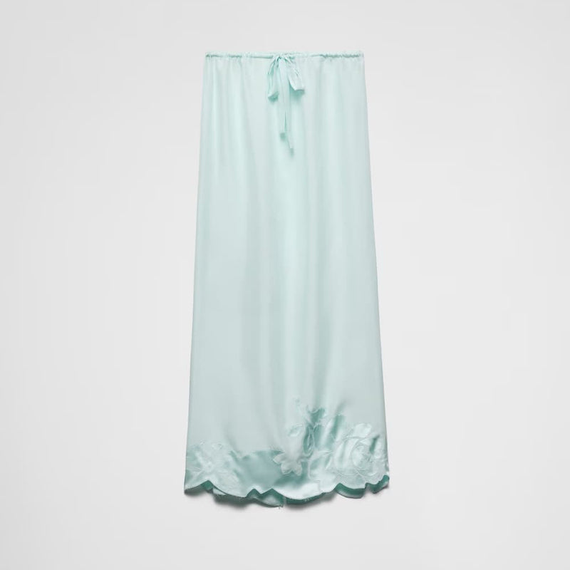 Embroidered habutai silk midi-skirt