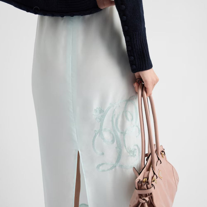 Embroidered habutai silk midi-skirt