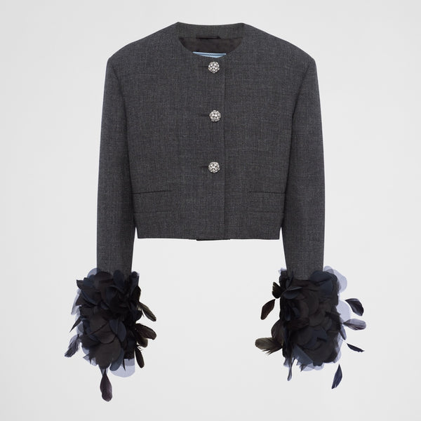 Feather-trimmed single-breasted wool jacket