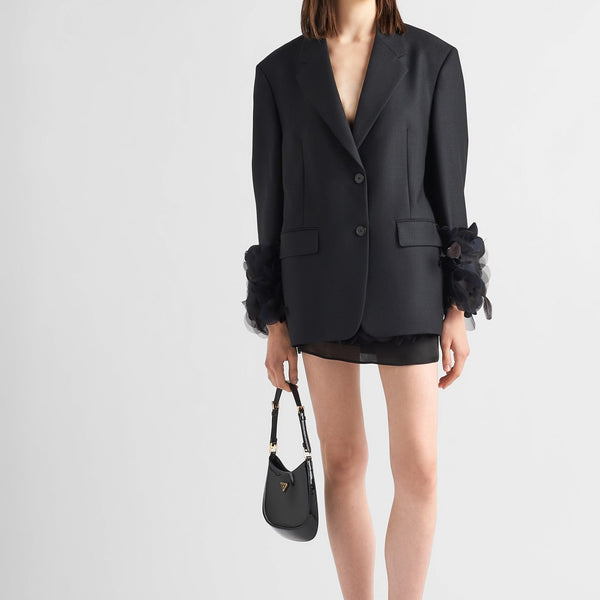Single-breasted wool jacket with feather trim