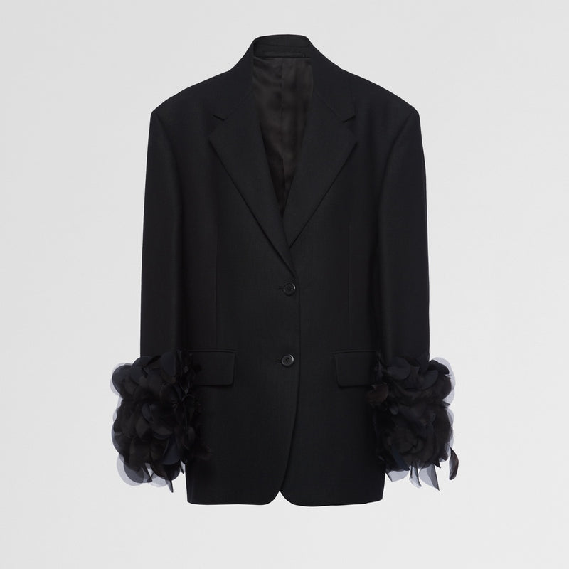 Single-breasted wool jacket with feather trim
