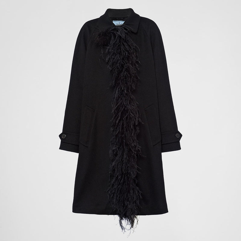 Single-breasted cashmere coat with feathers