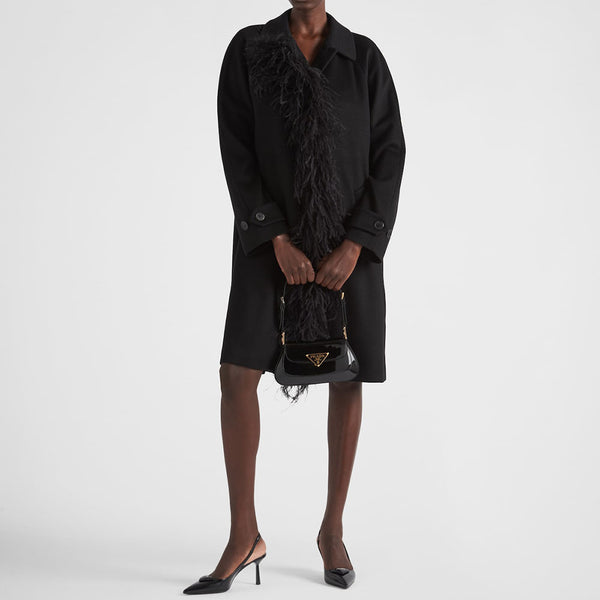 Single-breasted cashmere coat with feathers