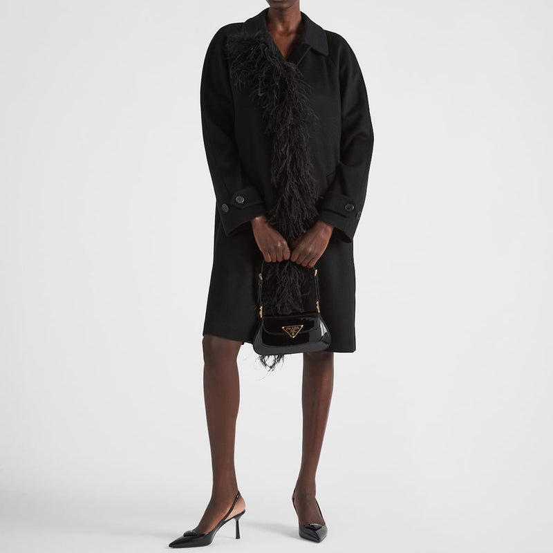 Single-breasted cashmere coat with feathers