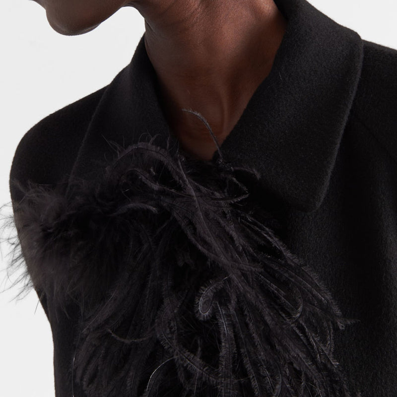 Single-breasted cashmere coat with feathers