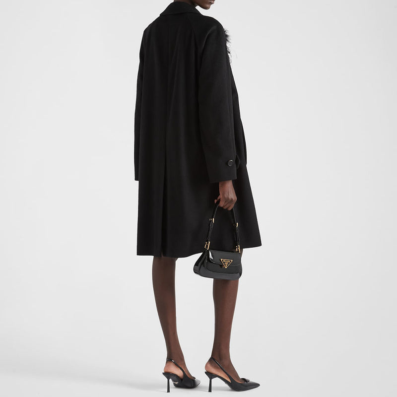 Single-breasted cashmere coat with feathers