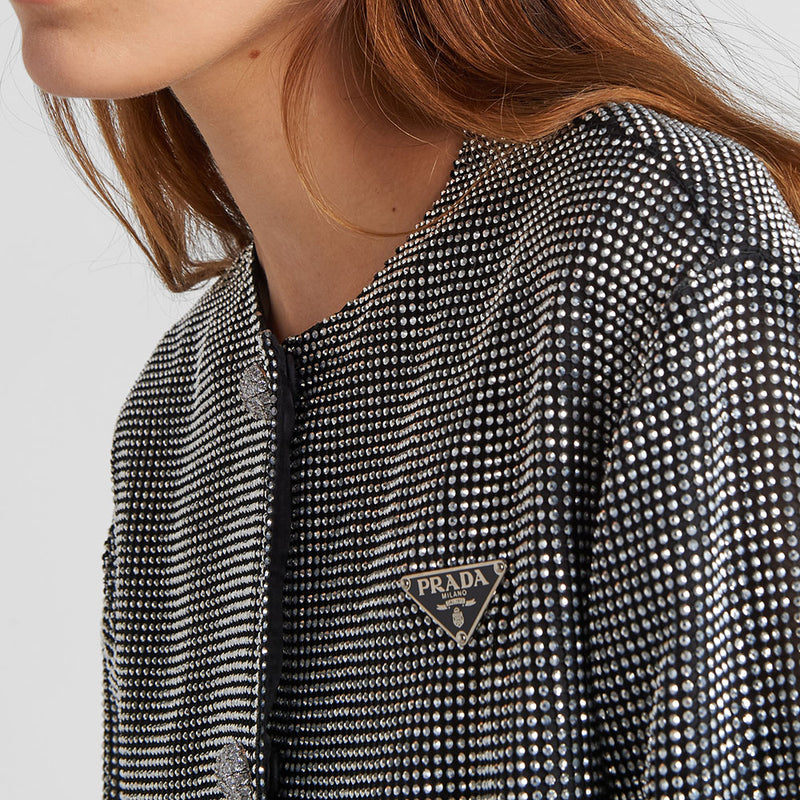 Single-breasted rhinestone encrusted mesh jacket