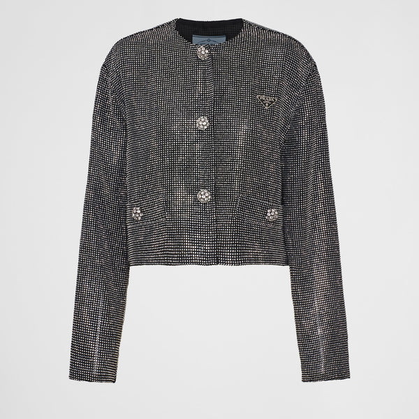 Single-breasted rhinestone encrusted mesh jacket