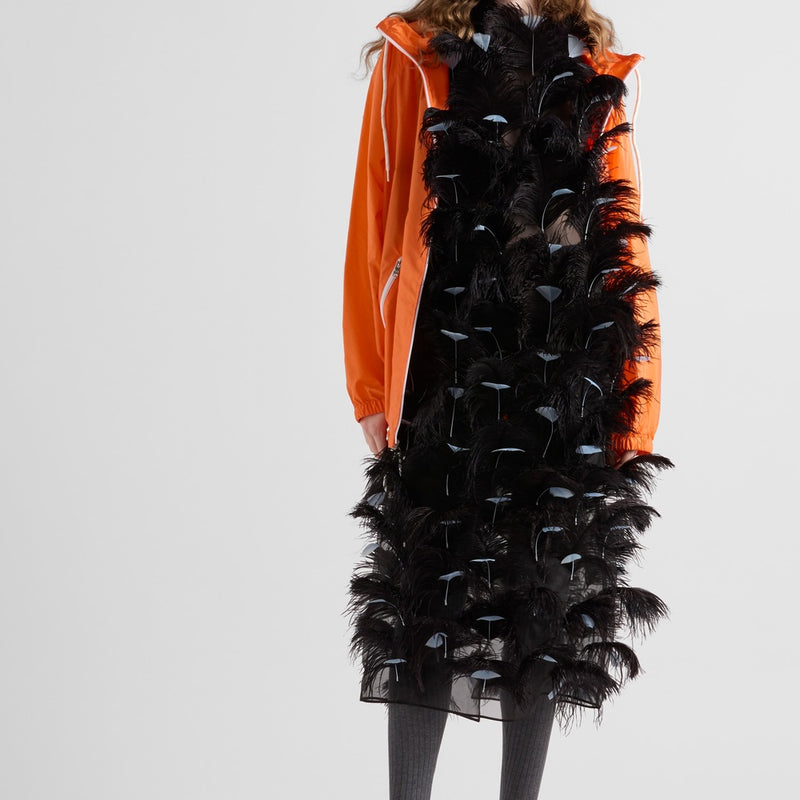 Feather-embellished silk organza dress