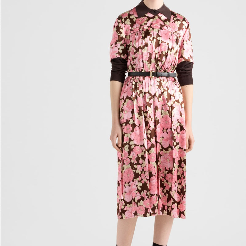Embroidered satin midi-dress