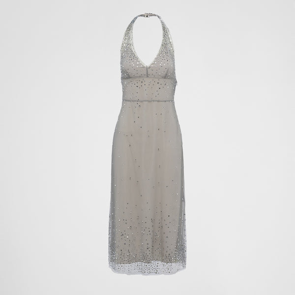 Embroidered tulle halter dress