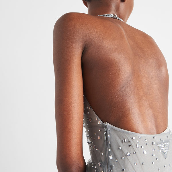 Embroidered tulle halter dress