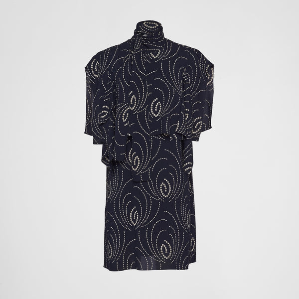 Printed sablé mini-dress with scarf collar