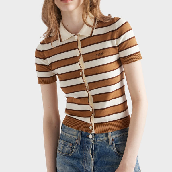 Short-sleeved striped cotton cardigan