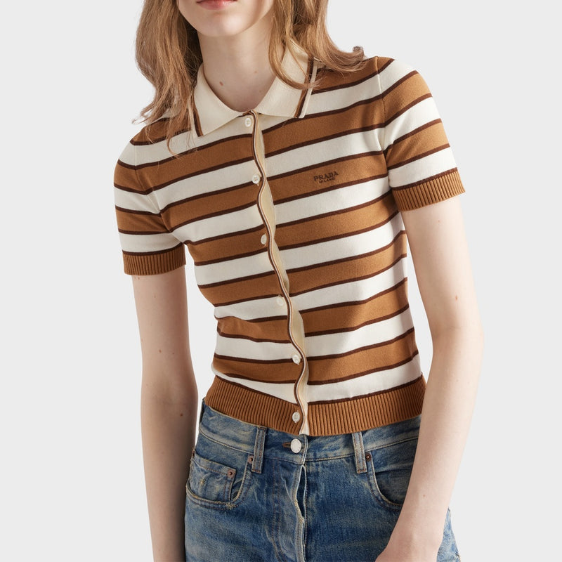 Short-sleeved striped cotton cardigan