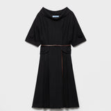 Short-sleeve chevron wool dress with belt