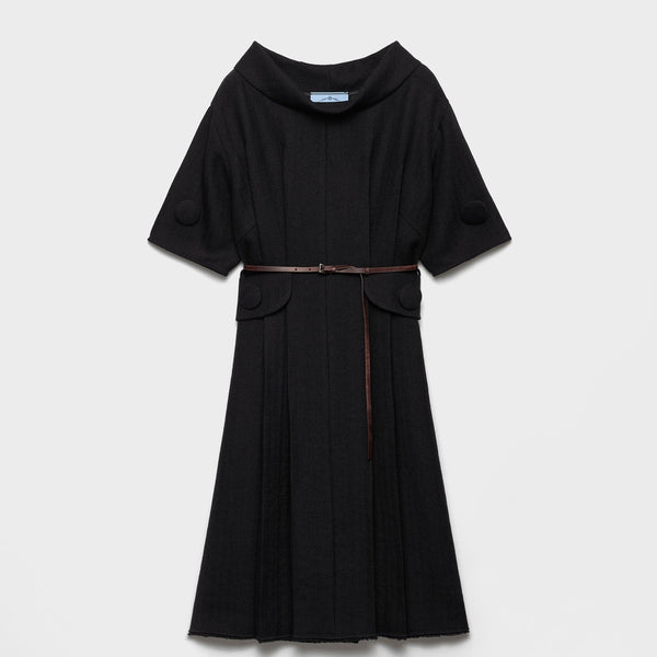 Short-sleeve chevron wool dress with belt