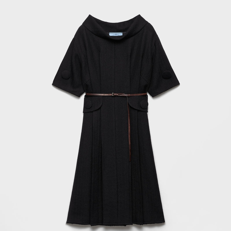 Short-sleeve chevron wool dress with belt
