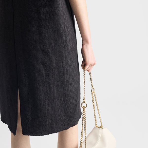 Short-sleeve chevron wool dress with belt