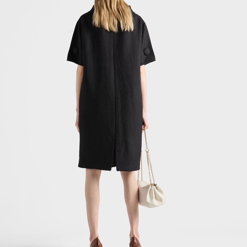 Short-sleeve chevron wool dress with belt