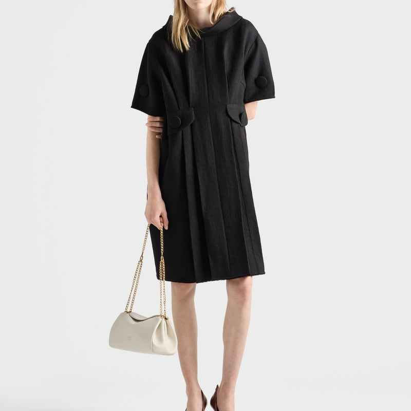 Short-sleeve chevron wool dress with belt