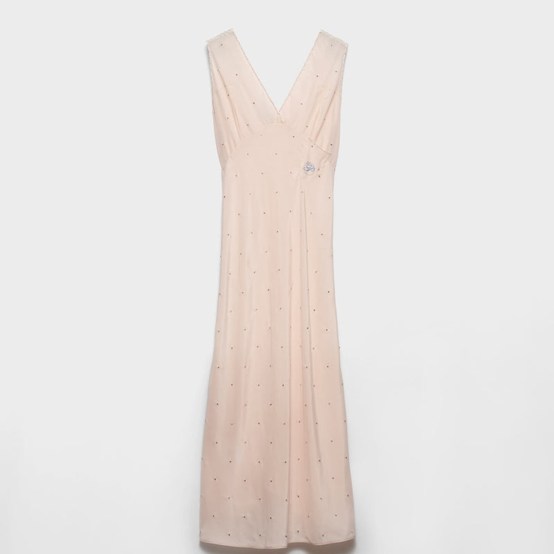 Embroidered vintage-effect habutai silk dress