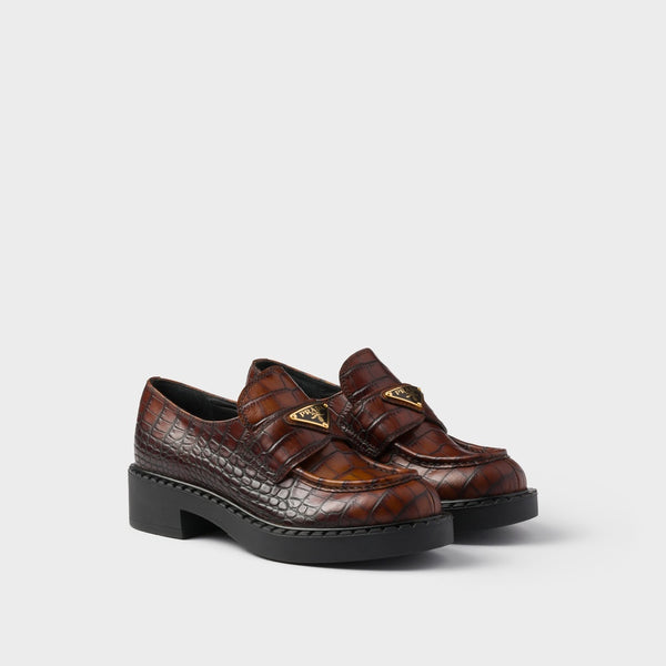 Chocolate crocodile-print leather loafers