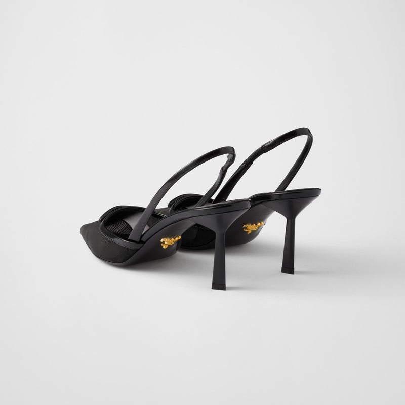 Mesh fabric slingback pumps