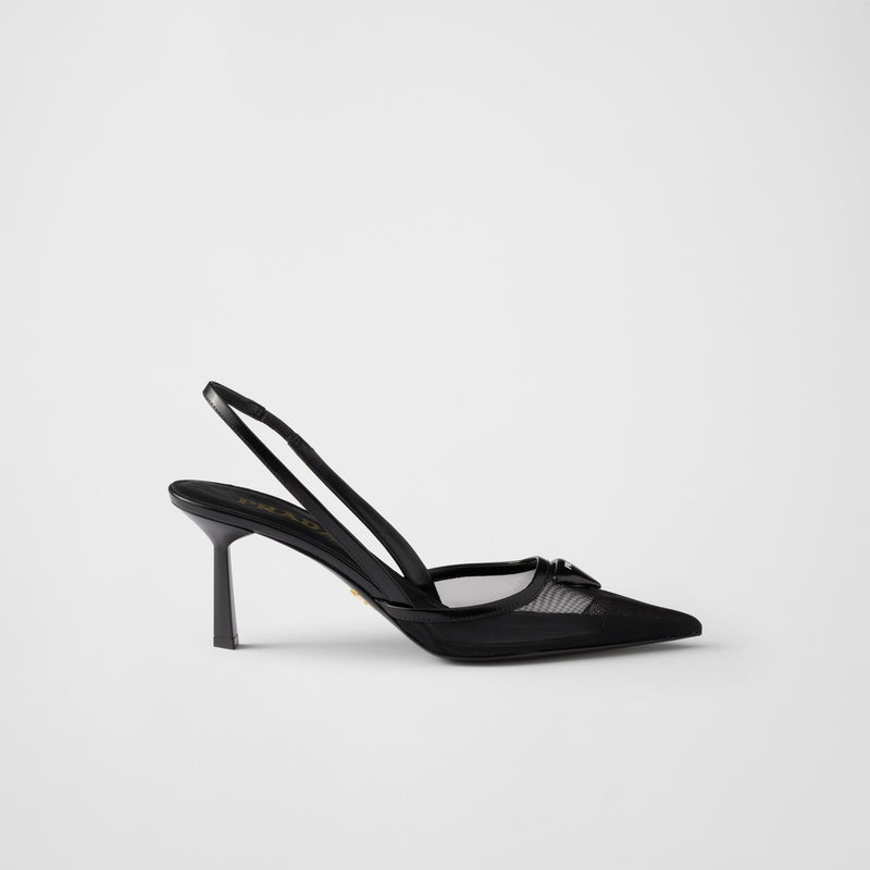 Mesh fabric slingback pumps
