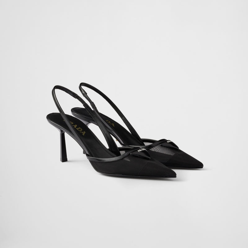 Mesh fabric slingback pumps