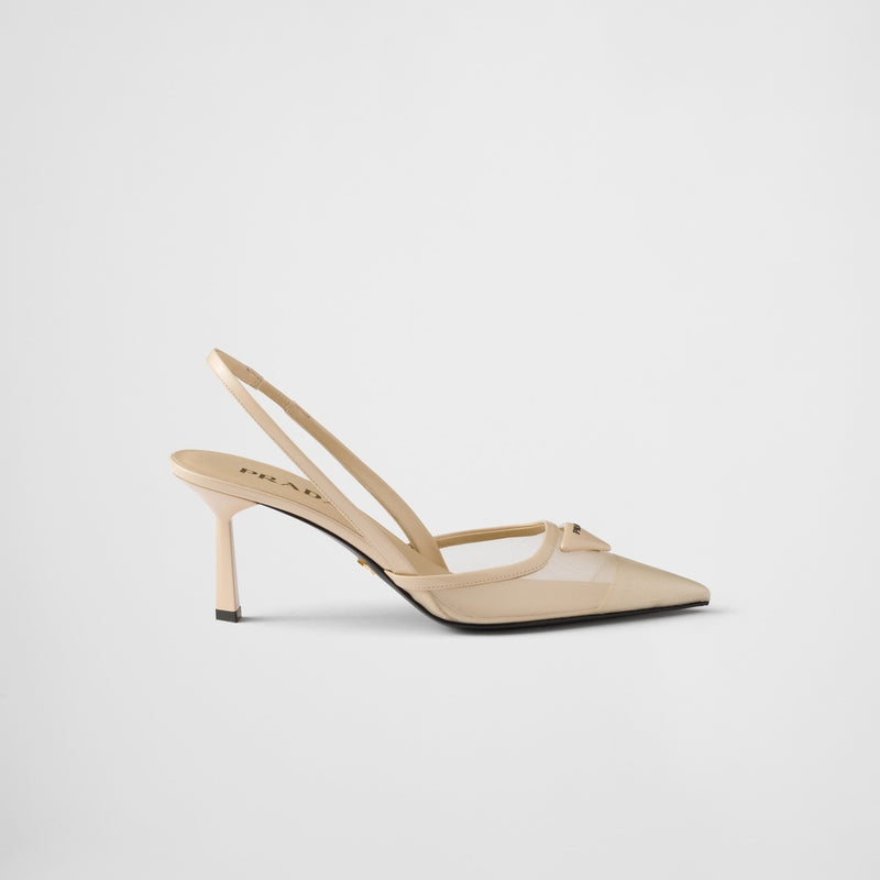 Mesh fabric slingback pumps