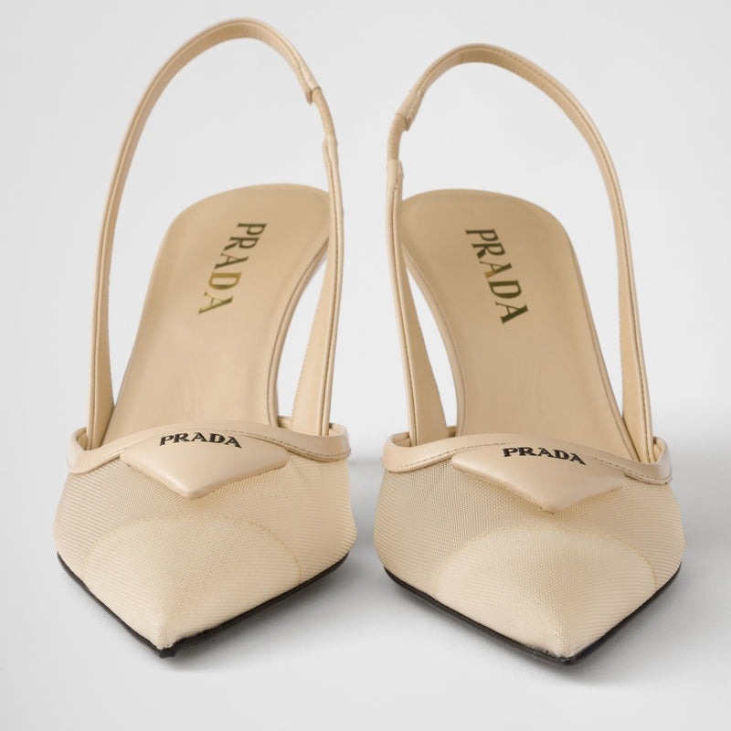 Mesh fabric slingback pumps
