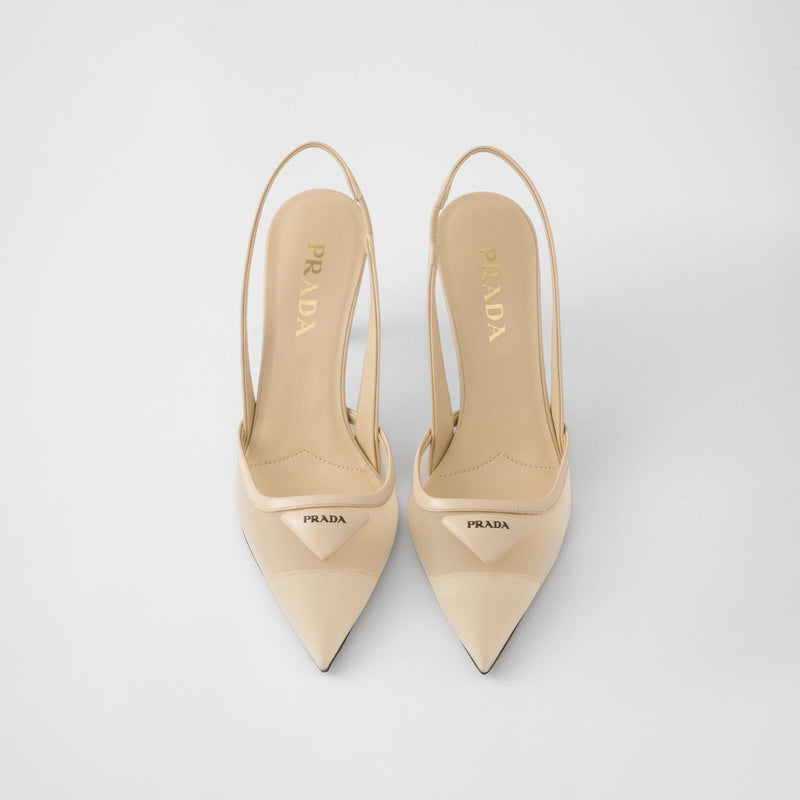 Mesh fabric slingback pumps
