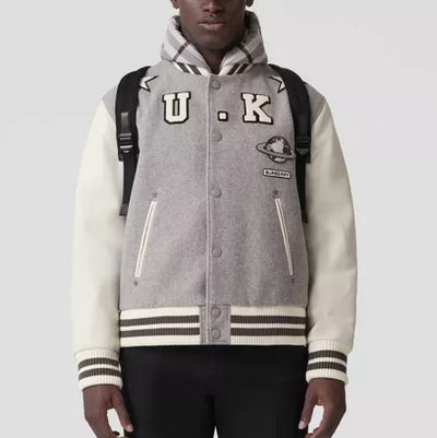 Burberry Leather Sleeve Technical Wool Varsity Jacket