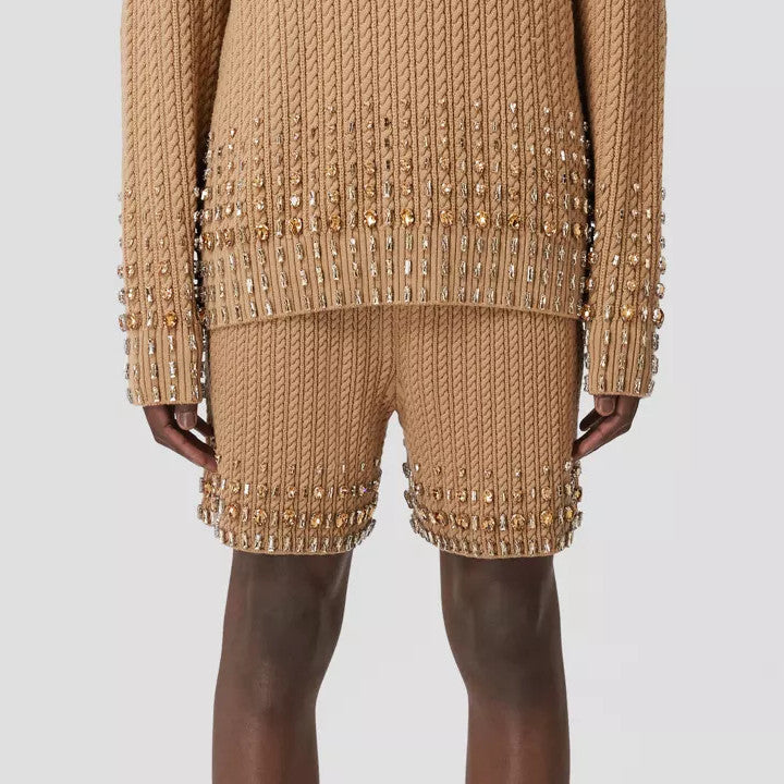 Crystal Detail Cable Knit Wool Blend Shorts