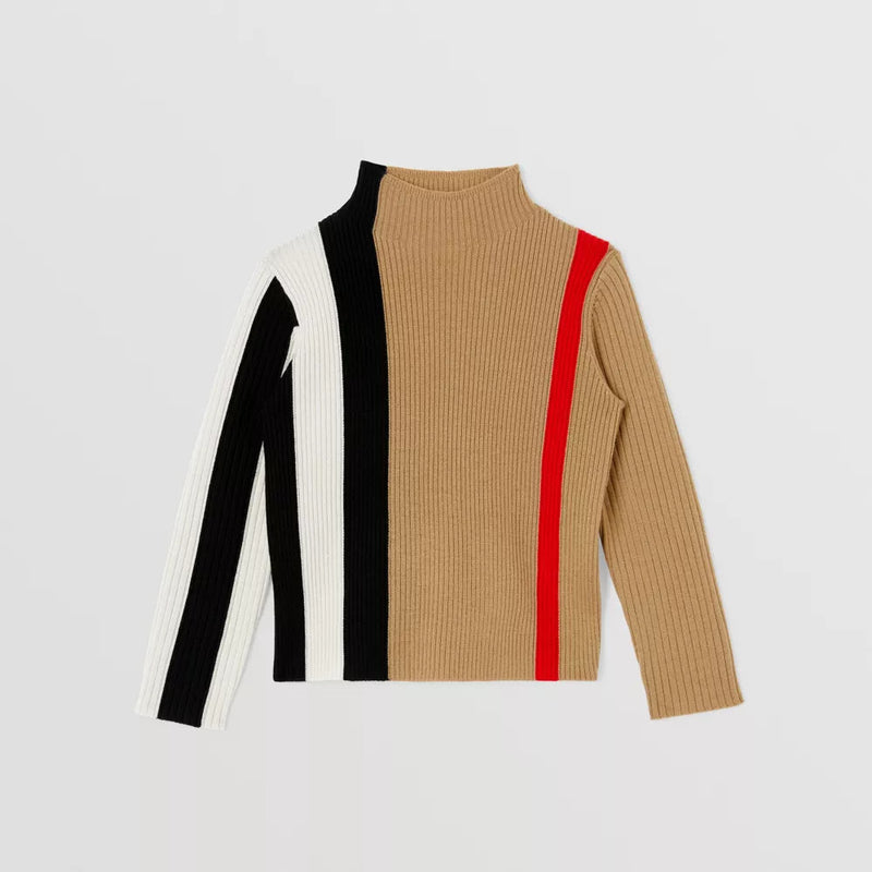 Striped Rib Knit Wool Turtleneck Sweater