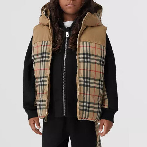 Reversible Check Hooded Puffer Gilet