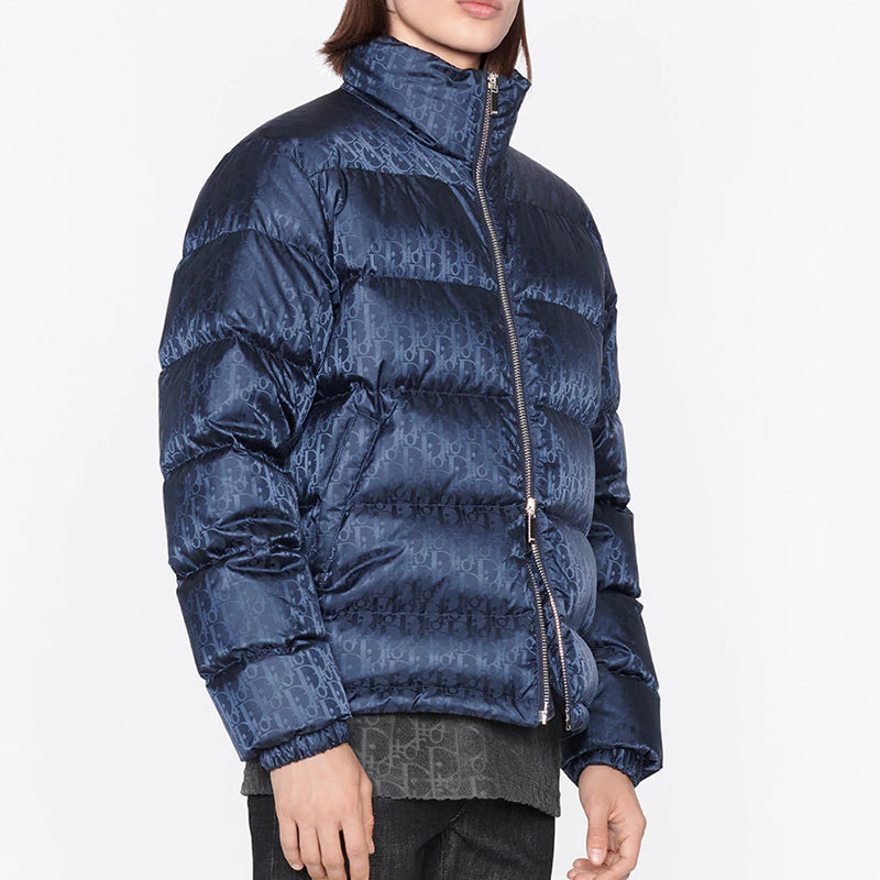 Kid's Hooded Down Jacket Navy Blue Dior Oblique Technical Jacquard